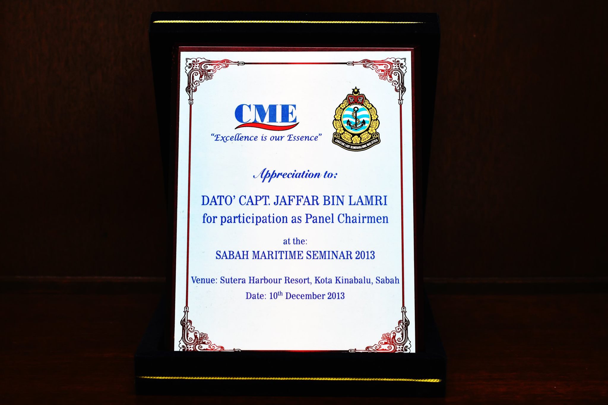 <b>Sabah Maritime Seminar 2013</b> <br> Appreciation to Dato' Capt. Jaffar Bin Lamri for participation as Panel Chairmen